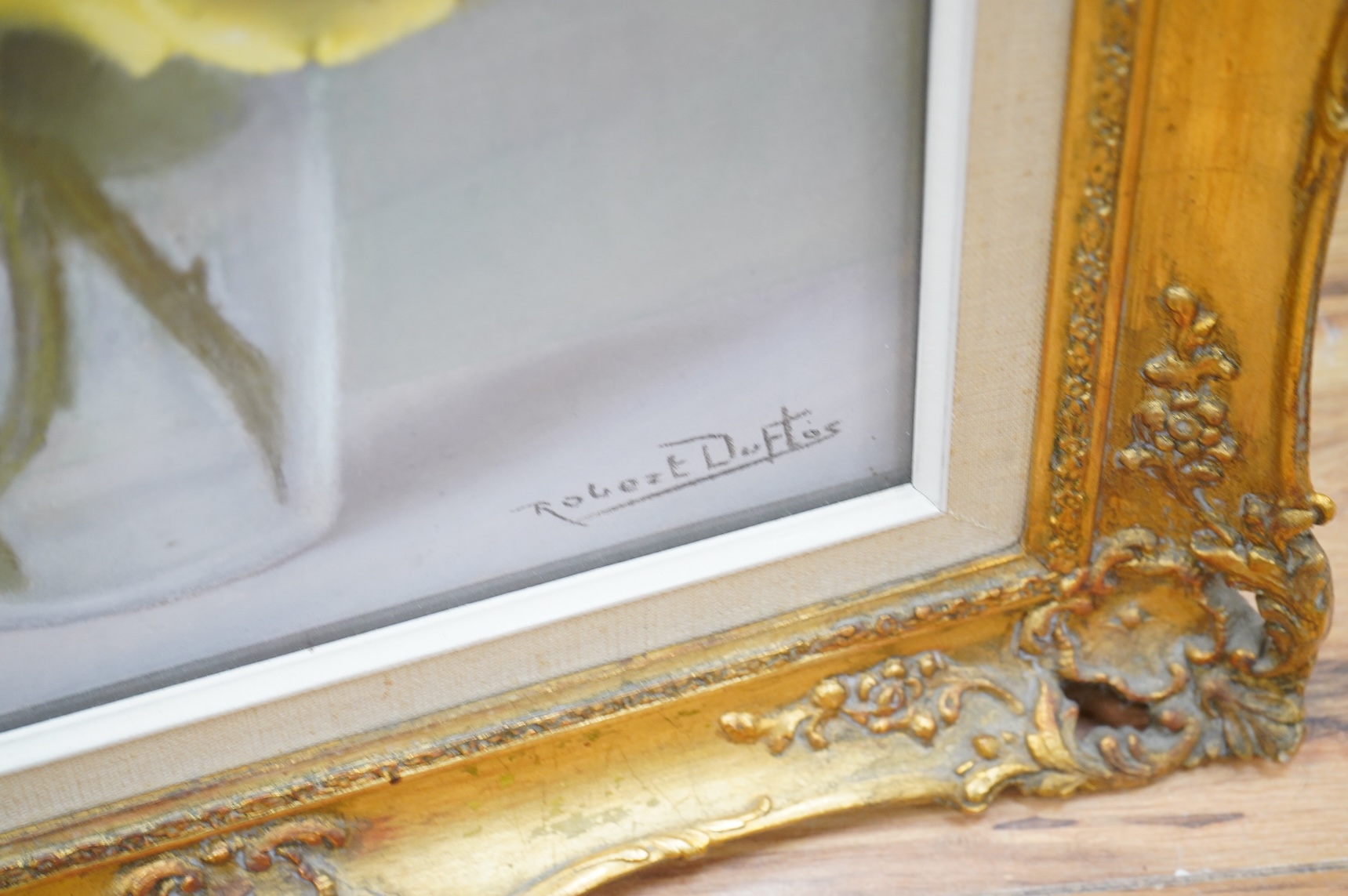 Robert Louis Raymond Duflos (1898-1929), Still life of yellow roses in a vase, signed, pastel, together with a similar oil on canvas, unsigned, largest 33 x 42cm, each in ornate frames